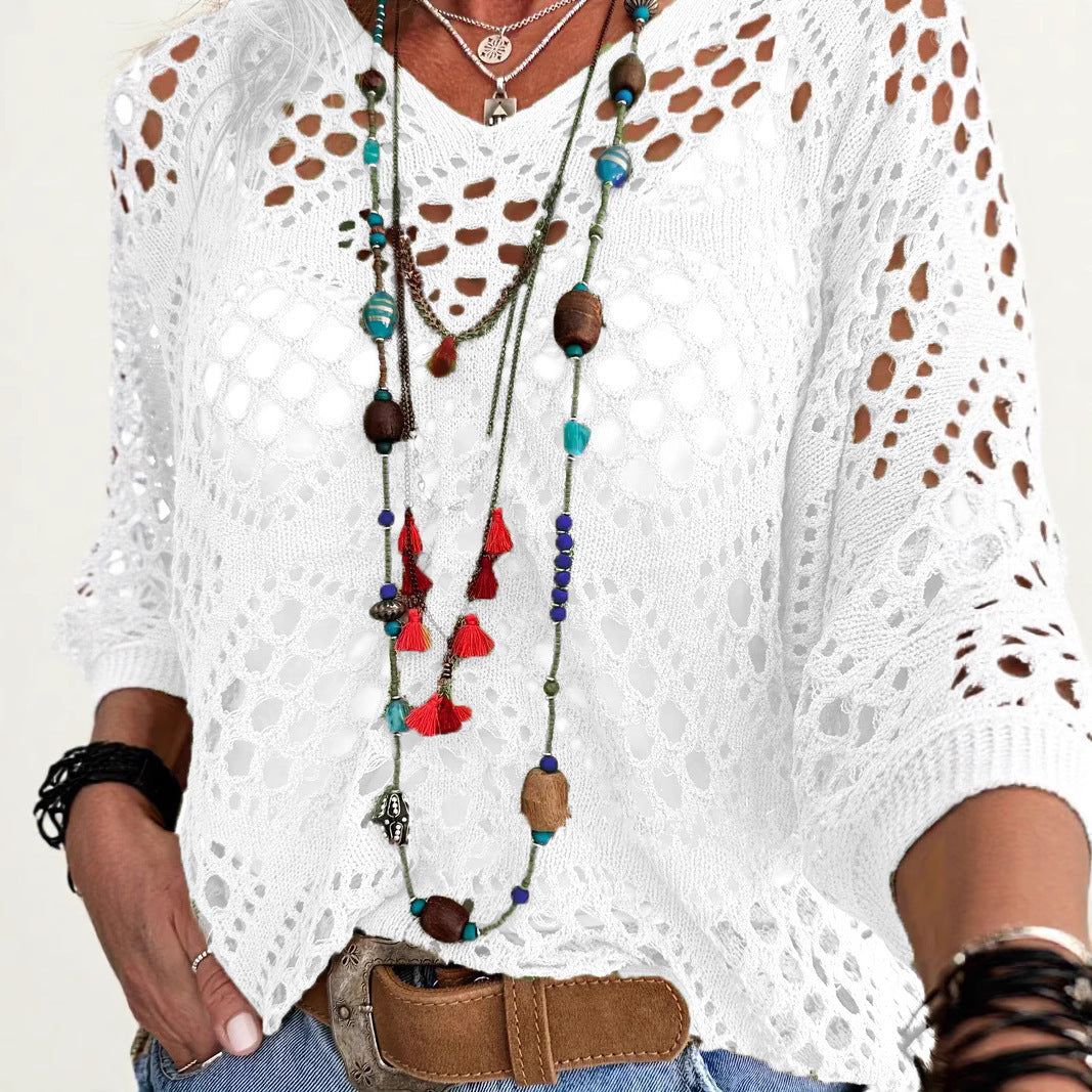V-neck Diamond Hollow Bat Sleeve Women's Sweater
