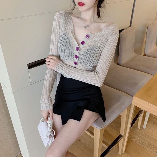 Sneaky Design Navel Short Design Temperament Slim Thin New Long Sleeve
